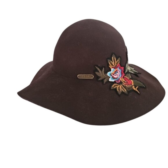 Hatch 100% Wool Wide Brim Floppy Hat Brown Floral Embroidery Festivalwear Boho - Picture 2 of 12
